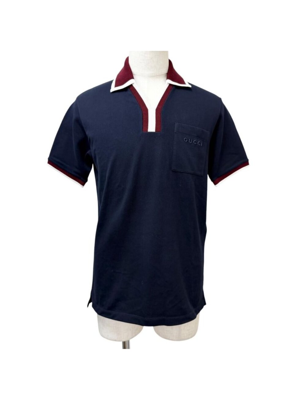Gucci Logo Embroidery Cotton Pique Short Sleeve Polo Shirt Top Navy Bordeaux XS